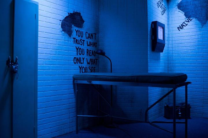 blue room with text on the walls